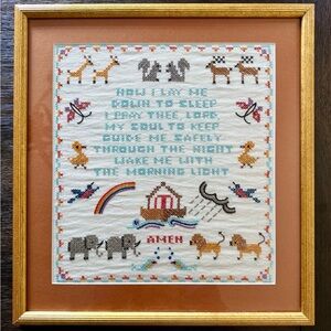 Now I Lay Me Down To Sleep Handmade Cross Stitch Noah's Ark Framed Sampler